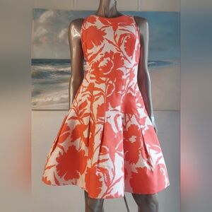 ◇$3,700 OSCAR DE LA RENTA IVORY ORANGE RED FLORAL SILK RUNWAY DRESS US 8